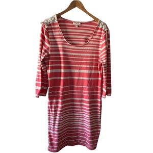 Allison Brittany punch and beige striped jersey dress. Hourglass shape.